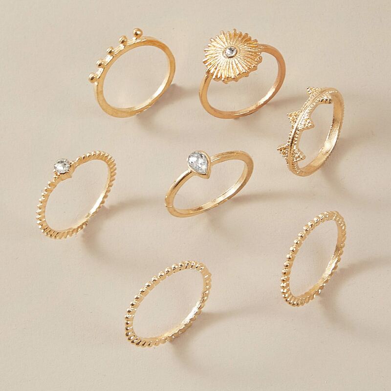 

7pcs Rhinestone Engraved Metallic Rings Set, Gold