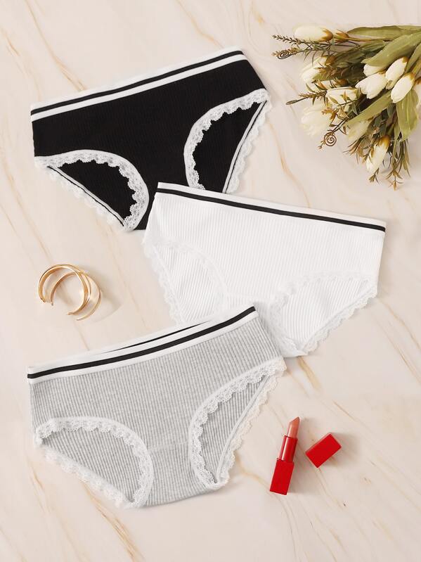

3pack Lace Trim Rib Panty Set, Multicolor