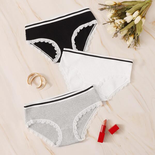 

3pack Lace Trim Rib Panty Set, Multicolor