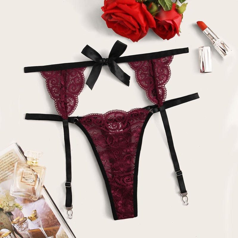 

Floral Lace Thong With Garter, Burgundy