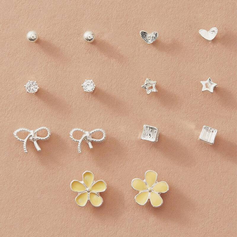 

7pairs Flower & Heart Stud Earrings, Multicolor