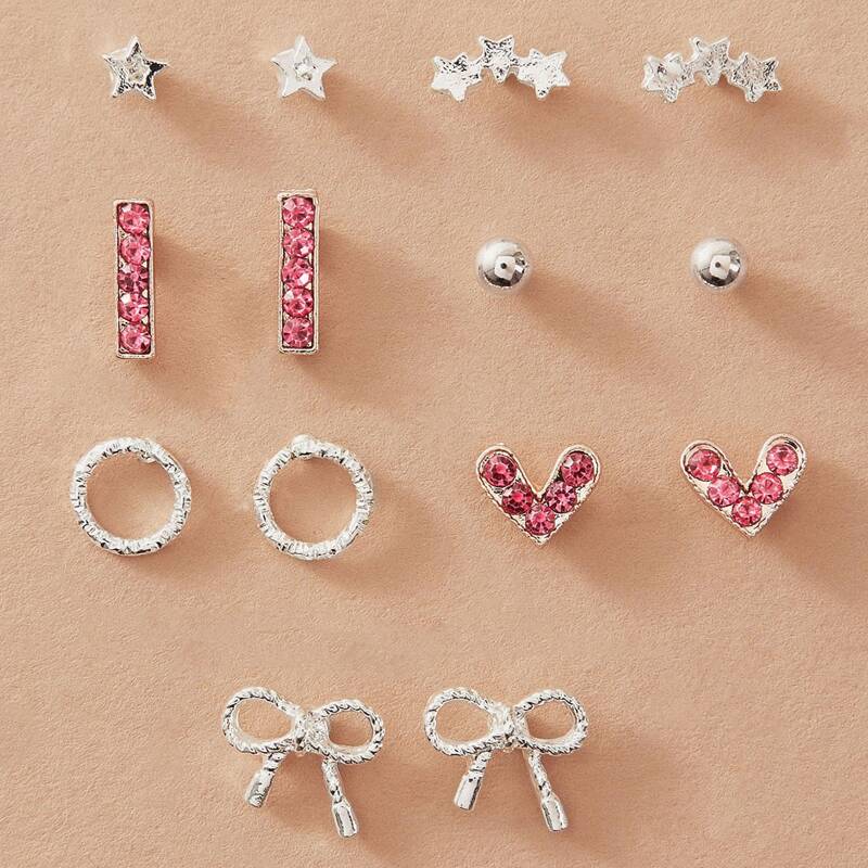 

7pairs Bow Knot & Heart Stud Earrings, Multicolor