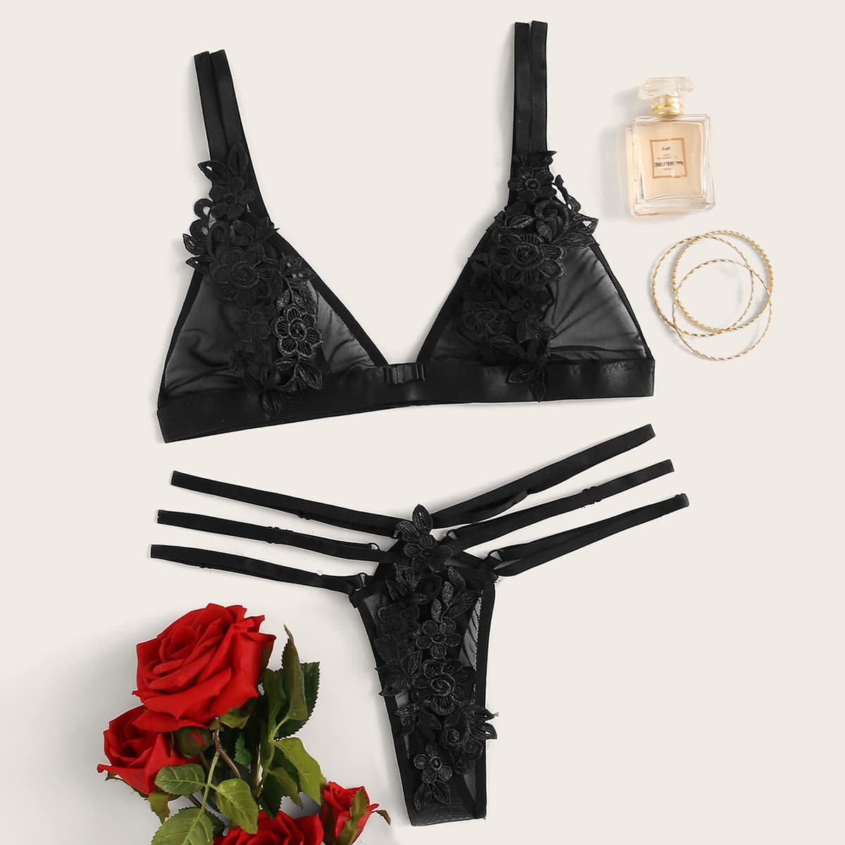 

Flower Appliques Mesh Lingerie Set, Black
