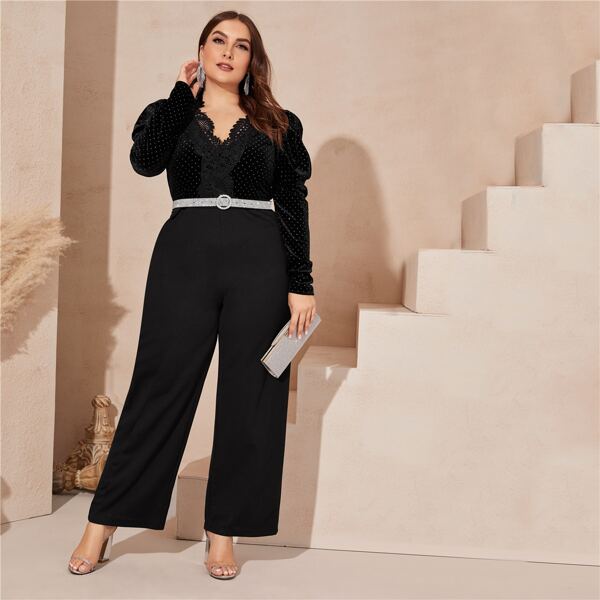 

Plus Guipure Lace Applique Rhinestone Velvet Bodice Jumpsuit Without Belt, Black
