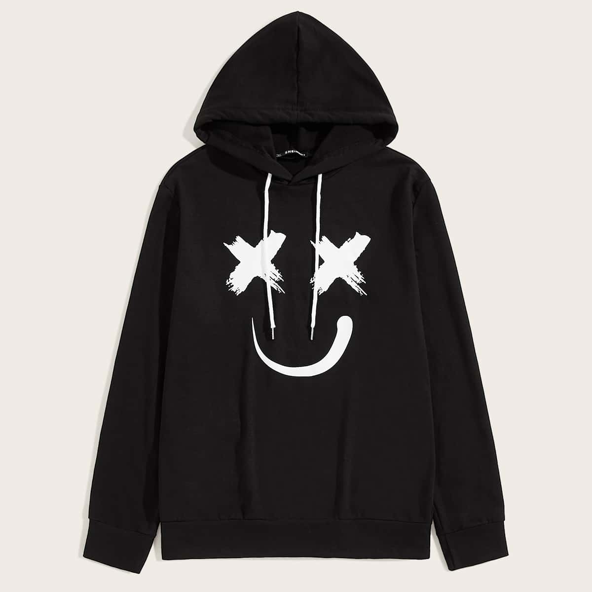 Guys Cartoon Graphic Drawstring Hoodie, Black