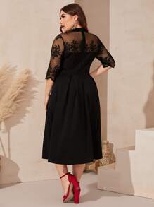 Modelyn Plus Embroidery Mesh Shoulder Fit and Flare Dress Without Belt