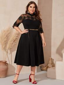 Modelyn Plus Embroidery Mesh Shoulder Fit and Flare Dress Without Belt