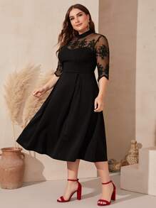 Modelyn Plus Embroidery Mesh Shoulder Fit and Flare Dress Without Belt
