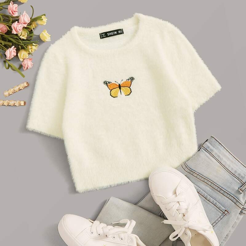 

Butterfly Embroidery Fuzzy Knit Top, Beige