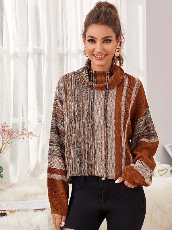 

Cowl Neck Striped Pointelle Knit Sweater, Multicolor, Debi Cruz