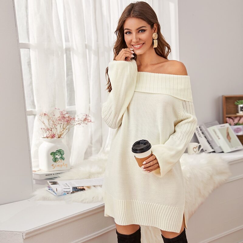 

Off Shoulder Bishop Sleeve Split Hem Sweater Dress, Beige