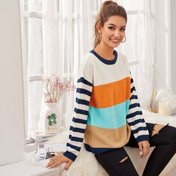 

Striped Color Block Drop Shoulder Sweater, Multicolor