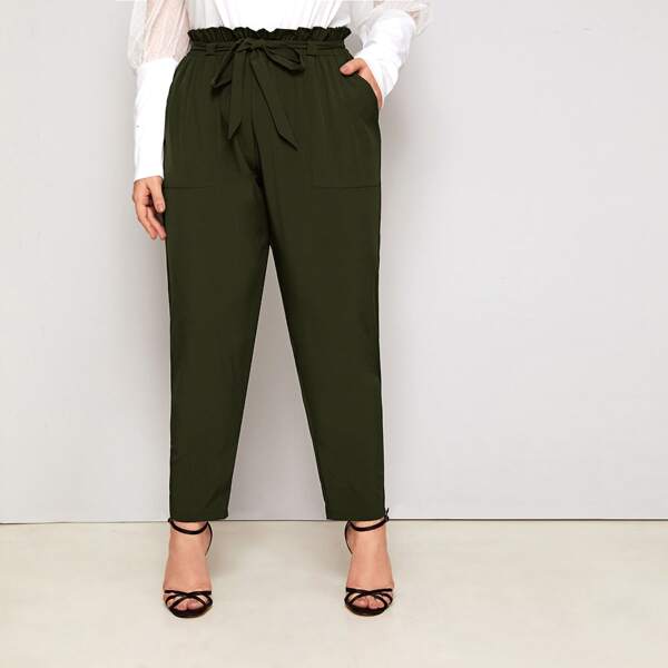 

Plus Paperbag Waist Belted Pants, Army green