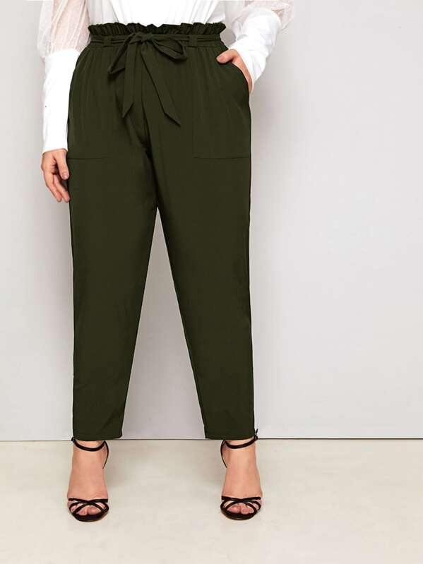 

Plus Paperbag Waist Belted Pants, Army green, Ella