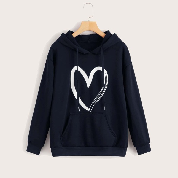 

Plus Heart Print Kangaroo Pocket Hoodie, Navy