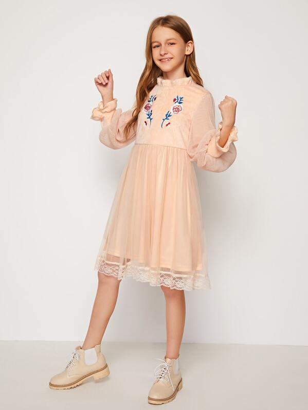 

Girls Mock Neck Pleated Sleeve Embroidered Mixed Media Dress, Nude, Sasha