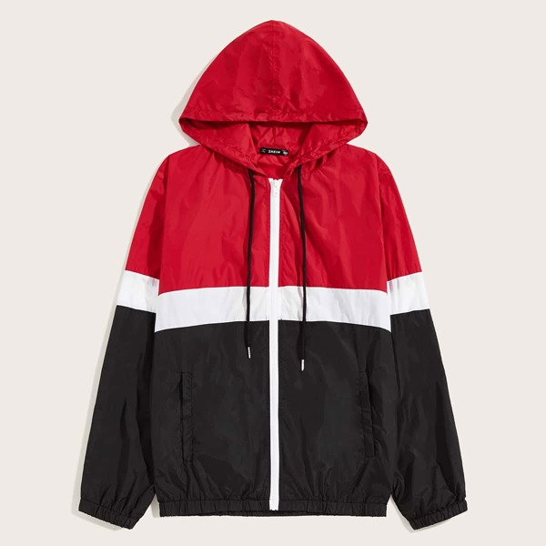 

Men Cut-and-sew Drawstring Hooded Wind Jacket, Multicolor