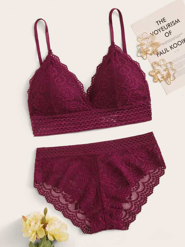 

Floral Lace Lingerie Set, Burgundy