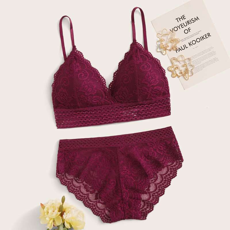

Floral Lace Lingerie Set, Burgundy