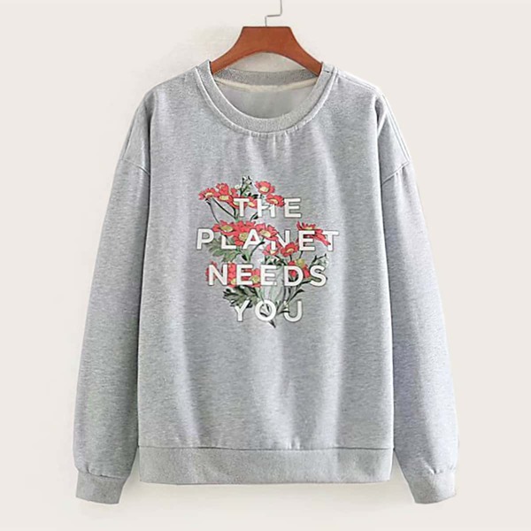 

Floral & Slogan Graphic Sweatshirt, Grey