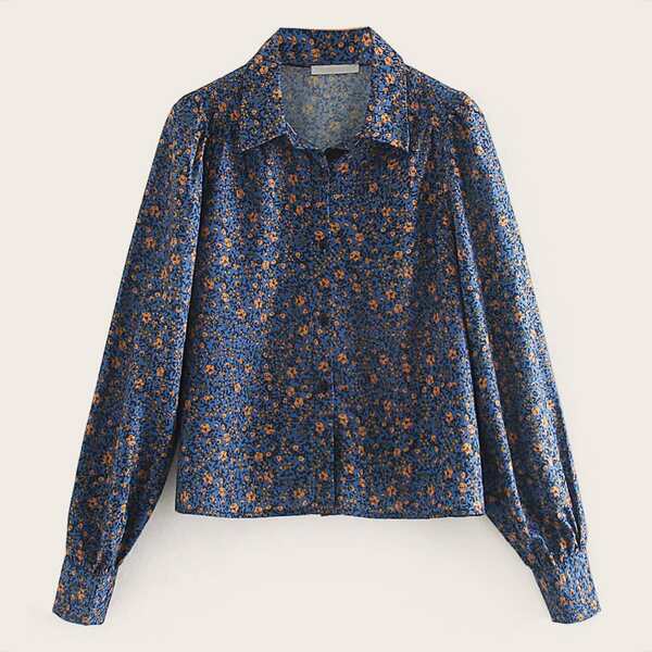 

Ditsy Floral Button Up Blouse, Navy