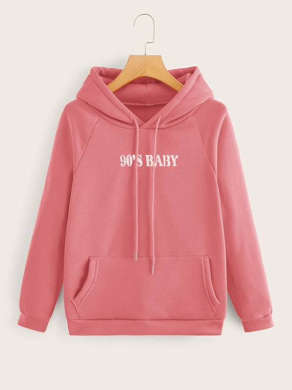 

Letter Graphic Kangaroo Pocket Drawstring Hoodie, Pink