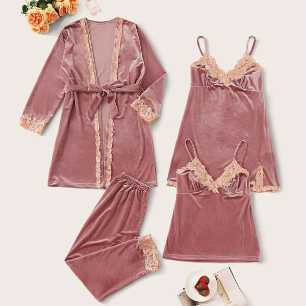 

4pack Lace Trim Velvet PJ Set With Robe & Night Dress, Pink