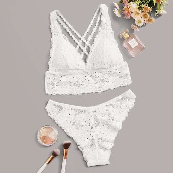 

Floral Lace Criss Cross Lingerie Set, White