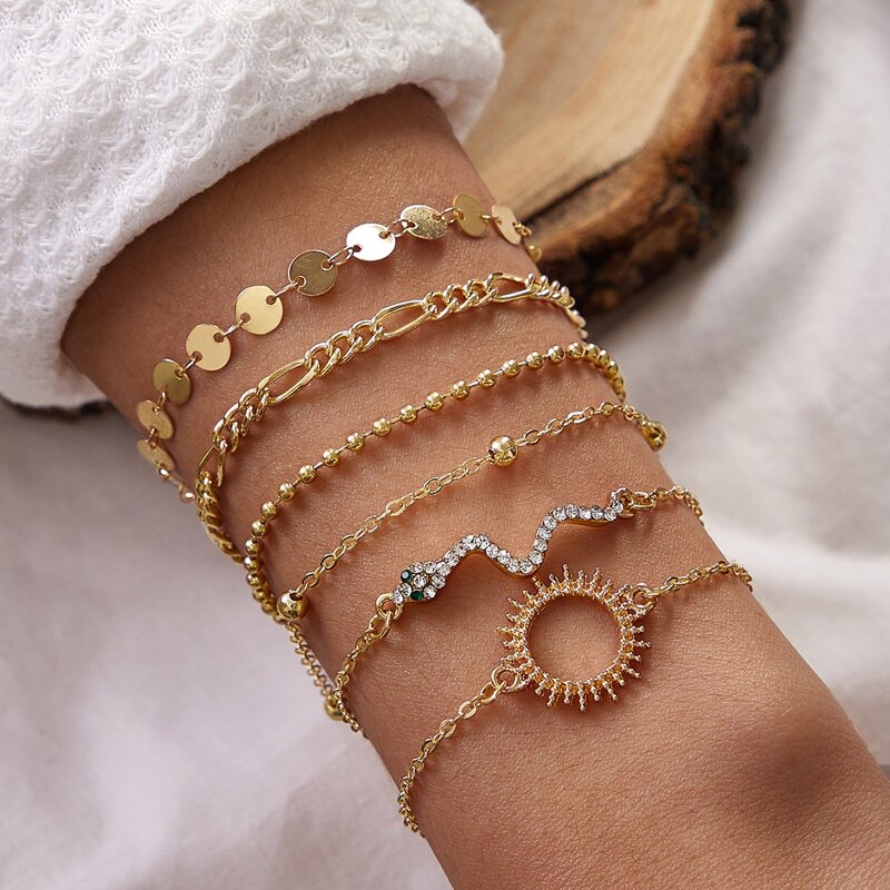 

5pcs Rhinestone & Disc Decor Chain Bracelet, Gold