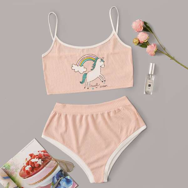 

Cartoon Graphic Rib Lingerie Set, Pink