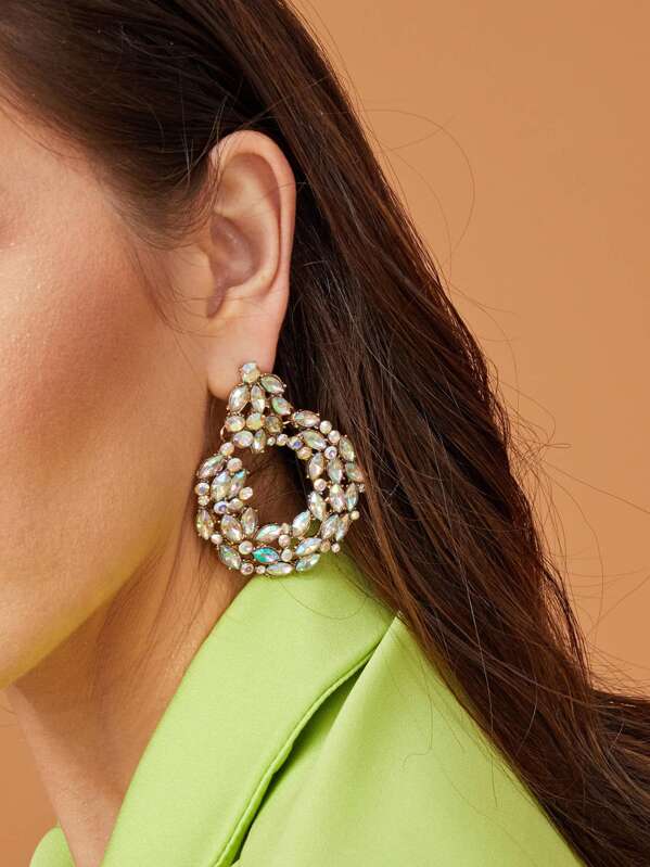 

1pair Rhinestone Engraved Hoop Drop Earrings, Multicolor