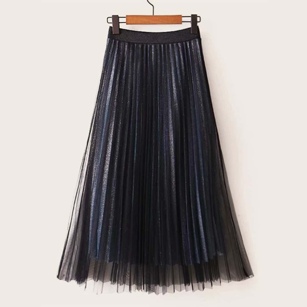 

Contrast Mesh Overlay Pleated Skirt, Navy