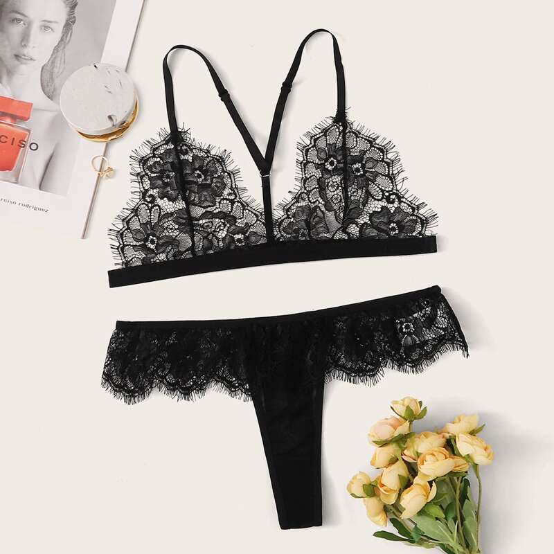 

Floral Lace Harness Lingerie Set, Black