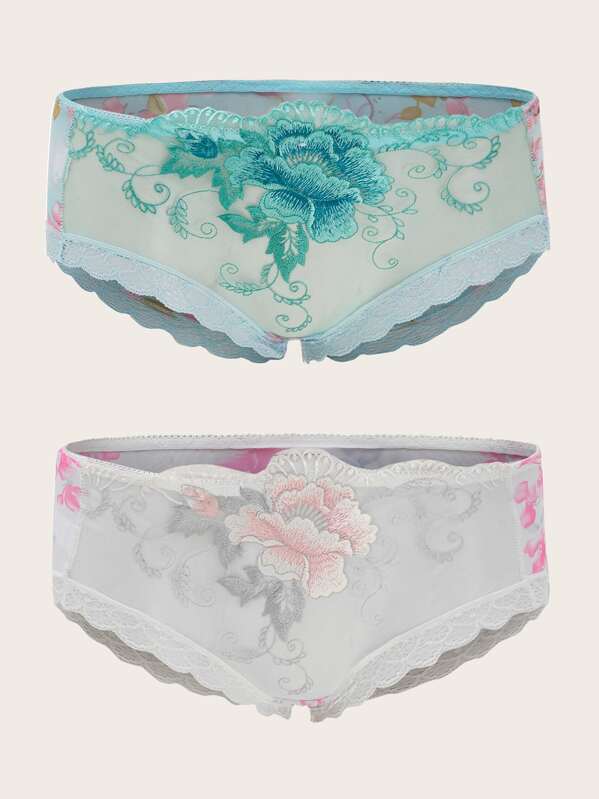 

2pack Flower Embroidery Panty Set, Multicolor
