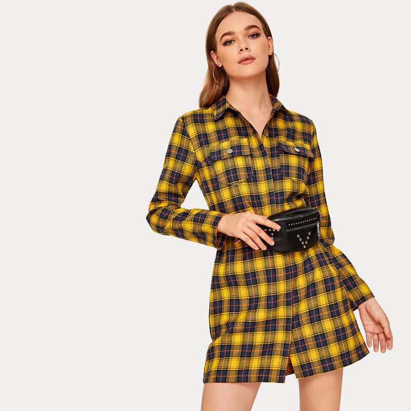 

Tartan Flap Pocket Shirt Dress Without Fanny Pack, Yellow