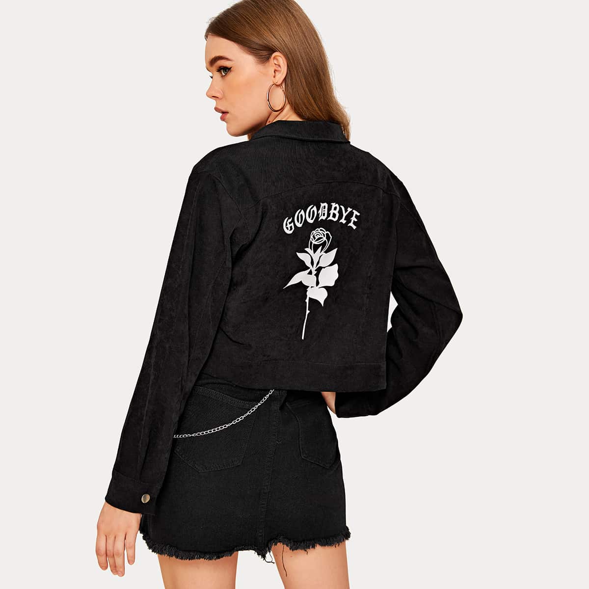 

Rose & Letter Graphic Corduroy Trucker Jacket, Black