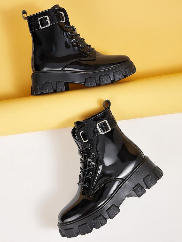 

Lace-up Front Buckle Decor Combat Boots, Black