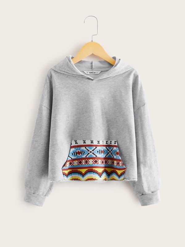

Girls Tribal Pocket Patched Heather Grey Hoodie
