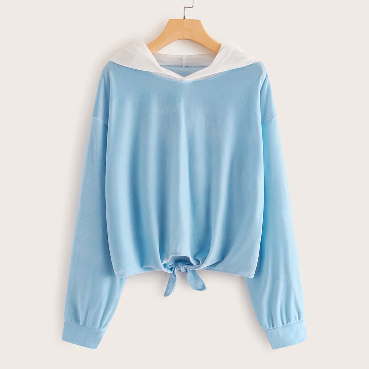 

Knot Hem Drop Shoulder Hoodie, Blue