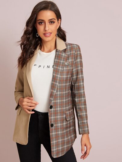 Cut And Sew Plaid Asymmetrical Hem Blazer