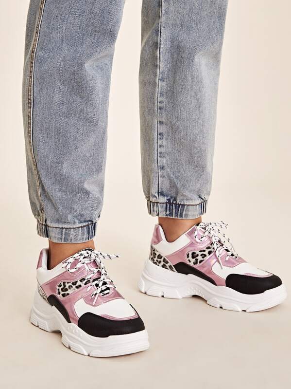 

Lace-up Front Leopard Panel Chunky Sneakers, Multicolor