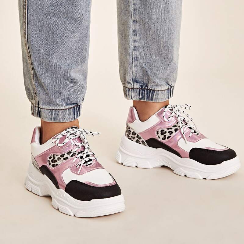 

Lace-up Front Leopard Panel Chunky Sneakers, Multicolor