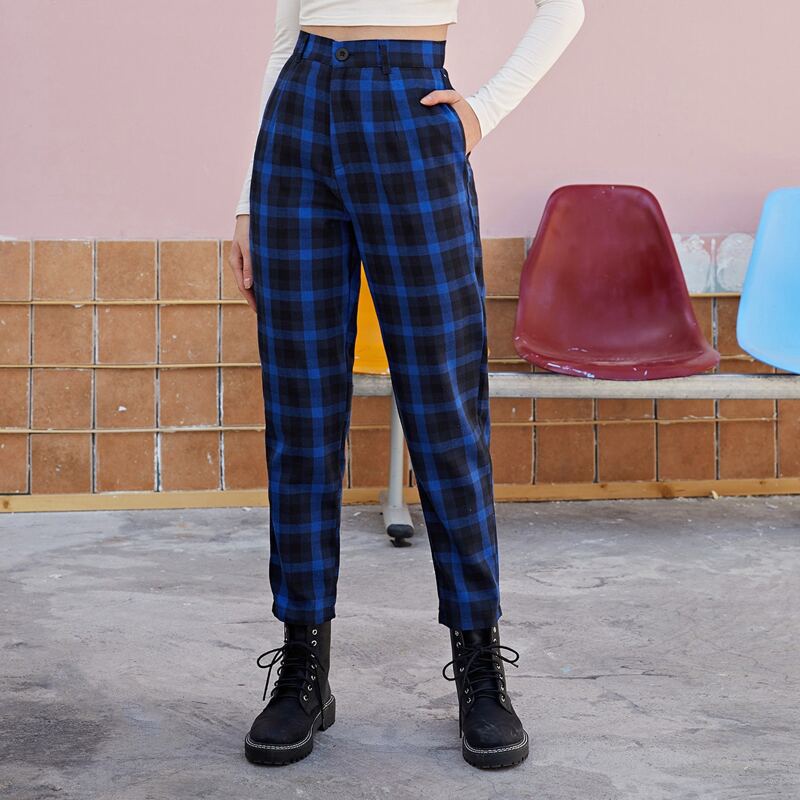 

Plaid High Waisted Pants, Blue