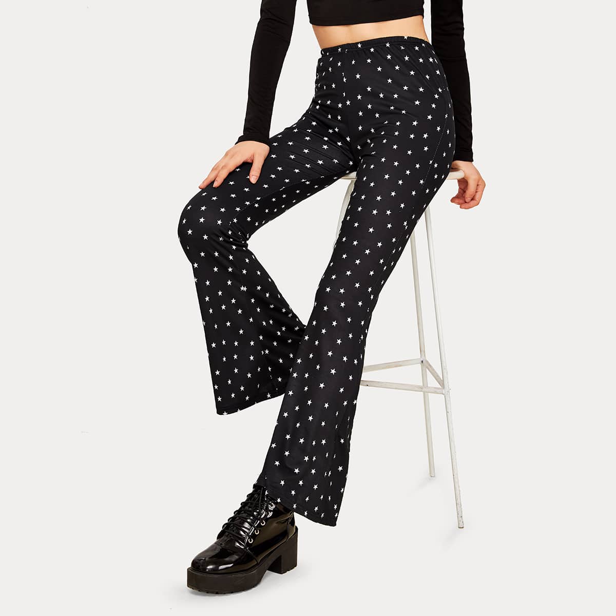 

Star Print Flare Leg Pants, Black