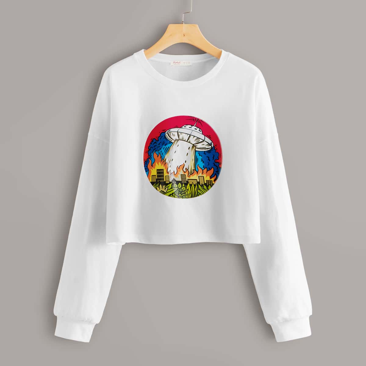 

Graphic Print Drop Shoulder Crop Tee, White