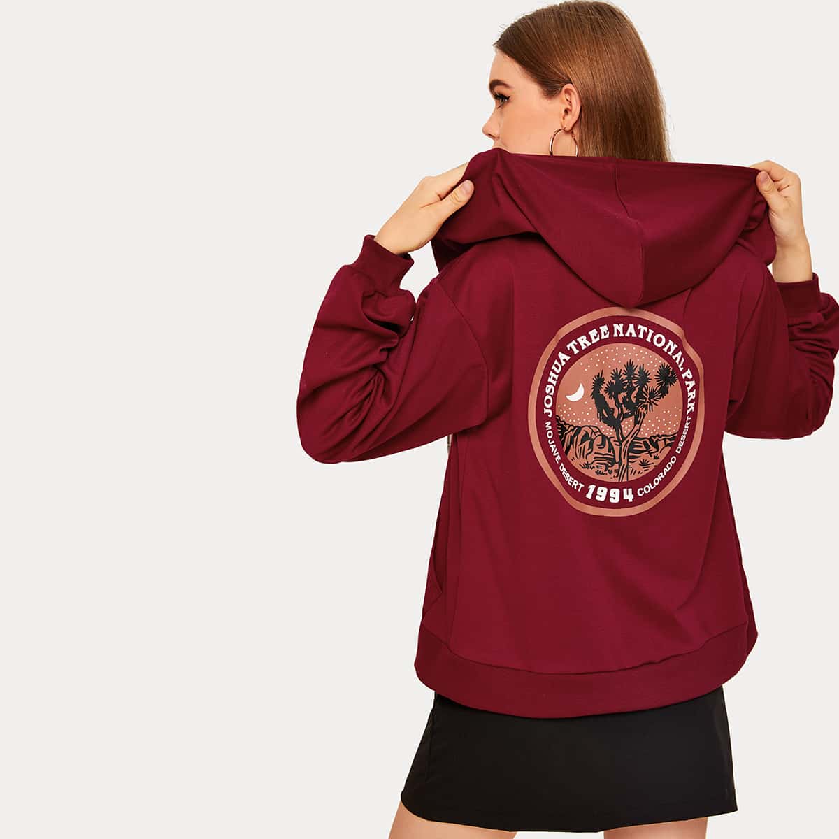 

Letter Print Pocket Front Zip-up Hoodie, Burgundy