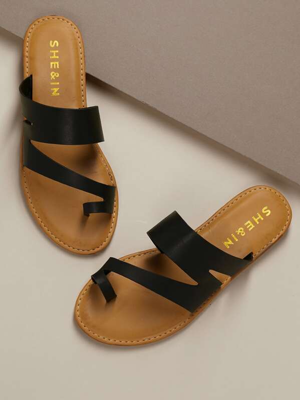 

Asymmetric Toe Loop Slide Flat Sandals, Black