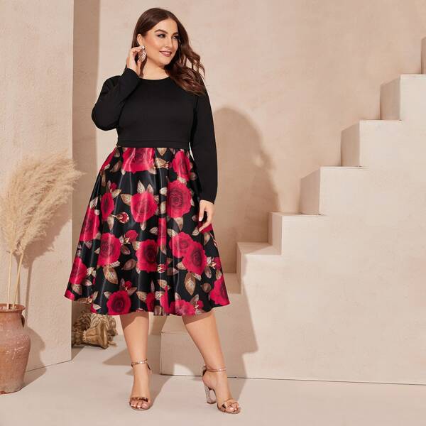 

Plus Fit and Flare Floral Print Combo Dress, Multicolor