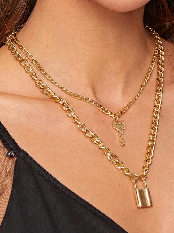 

Lock & Key Charm Layered Chain Necklace 1pc, Gold
