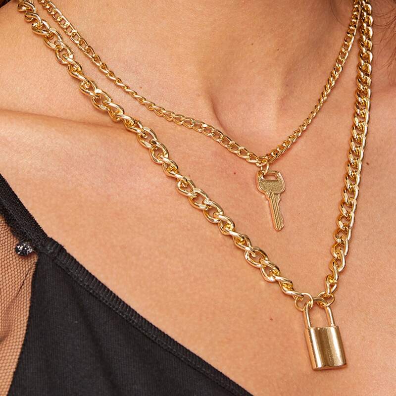 

Lock & Key Charm Layered Chain Necklace 1pc, Gold